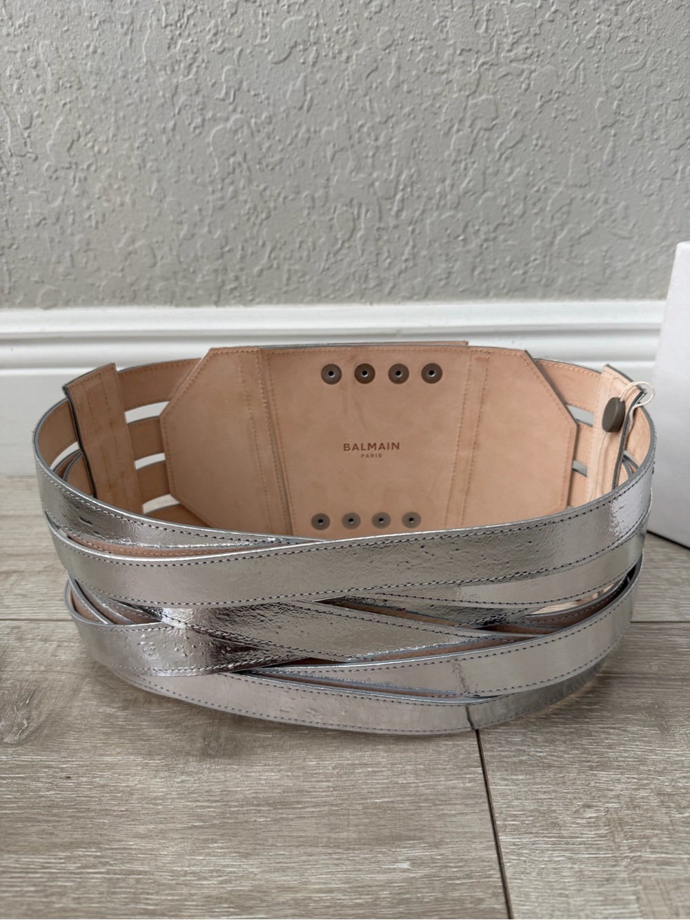 Women 38 Balmain Silver Metallic Leather Wide Corset Belt